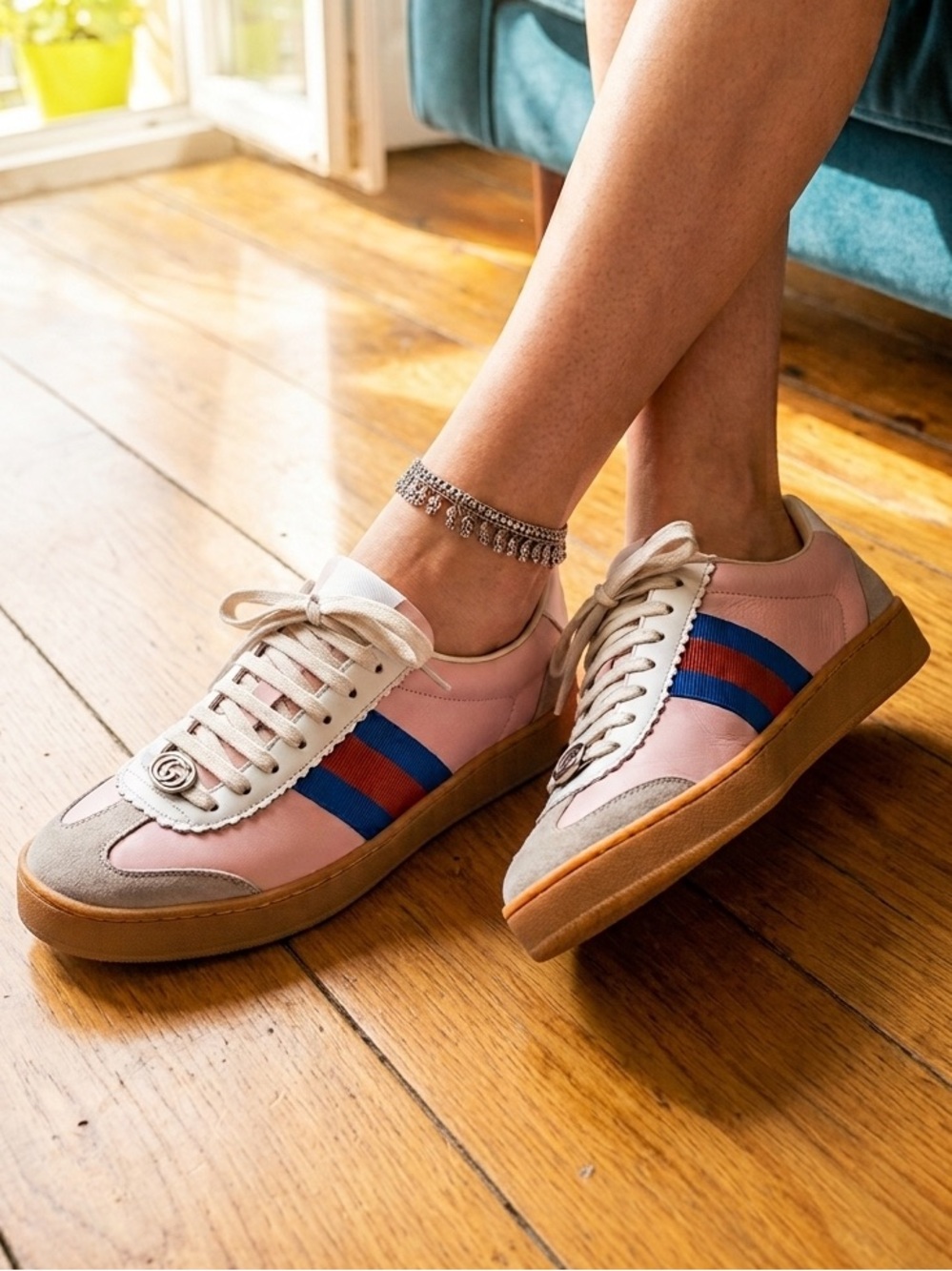 Gucci Pink Leather Sneakers with Blue & Red Web Stripe